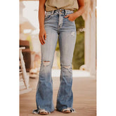 Blue Color Ripped Flared Jeans Washed out Vintage Denim Trousers